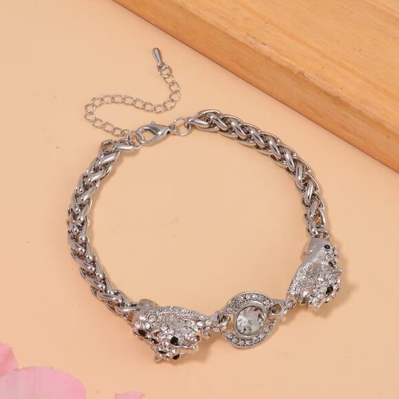 Black and White Austrian Crystal and Enameled Tiger Bracelet in Silvertone - Picture 2 of 3